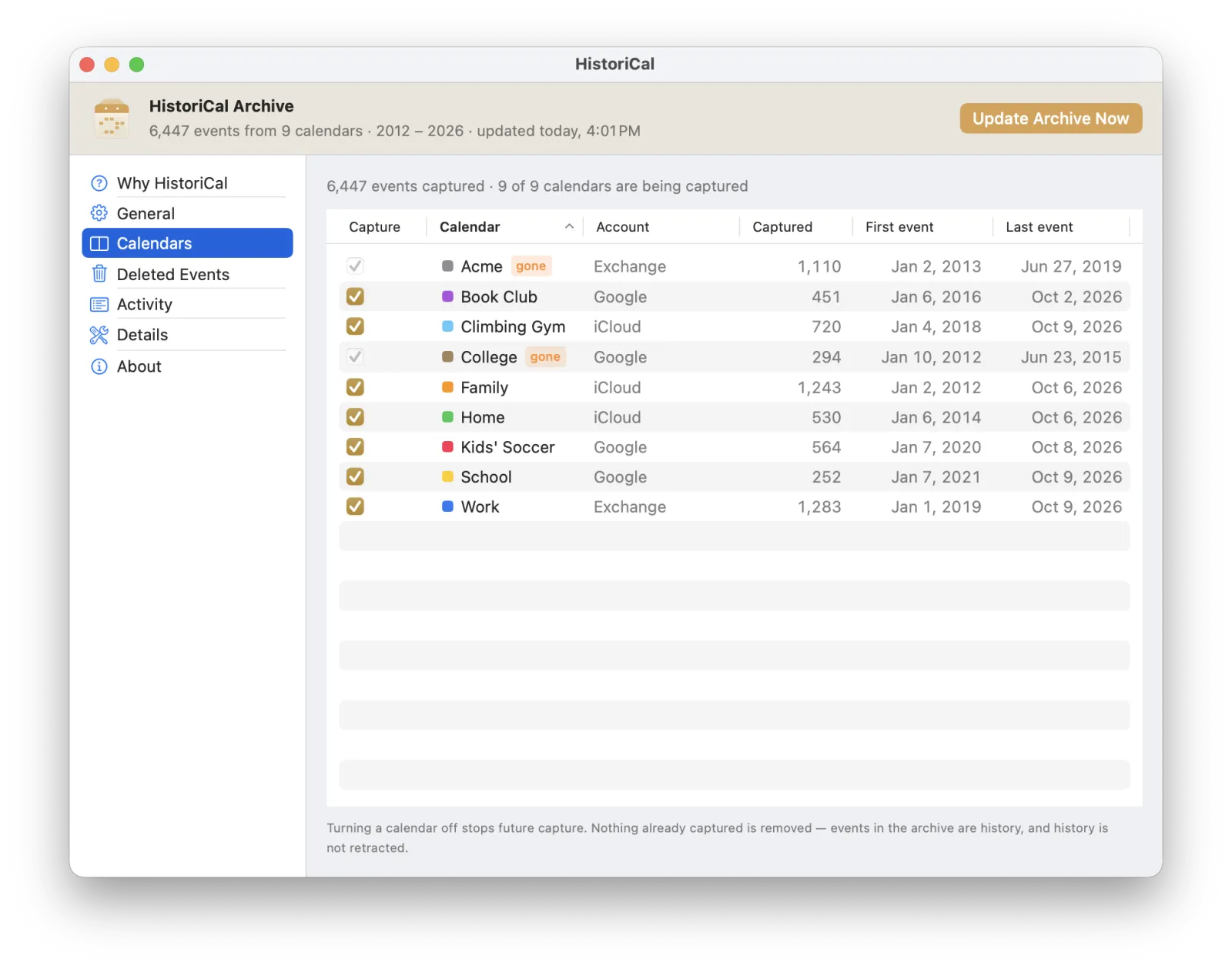 The HistoriCal window: nine calendars archived, two of them gone from the Mac, 6,447 events kept.